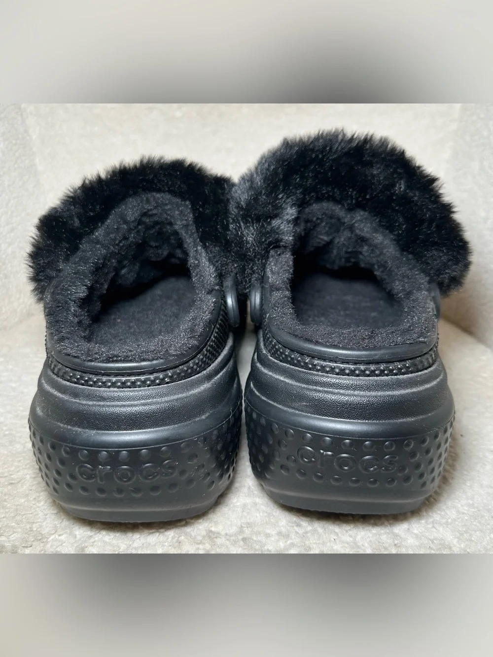 Crocs Stomp Lined Clog Black Faux Fur Platform Shoes Y2K Goth Punk Chunky Emo 8
